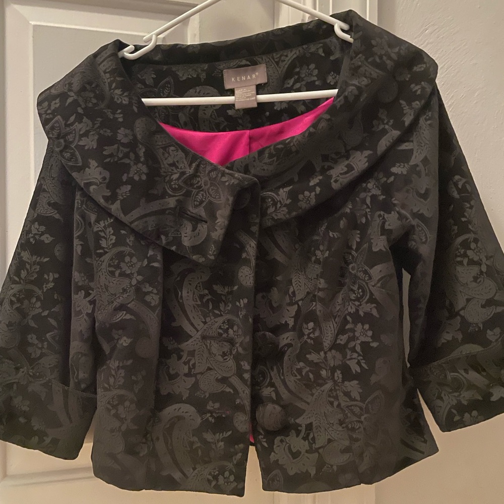 Kenar Black Floral Cape Jacket with Pink Lining